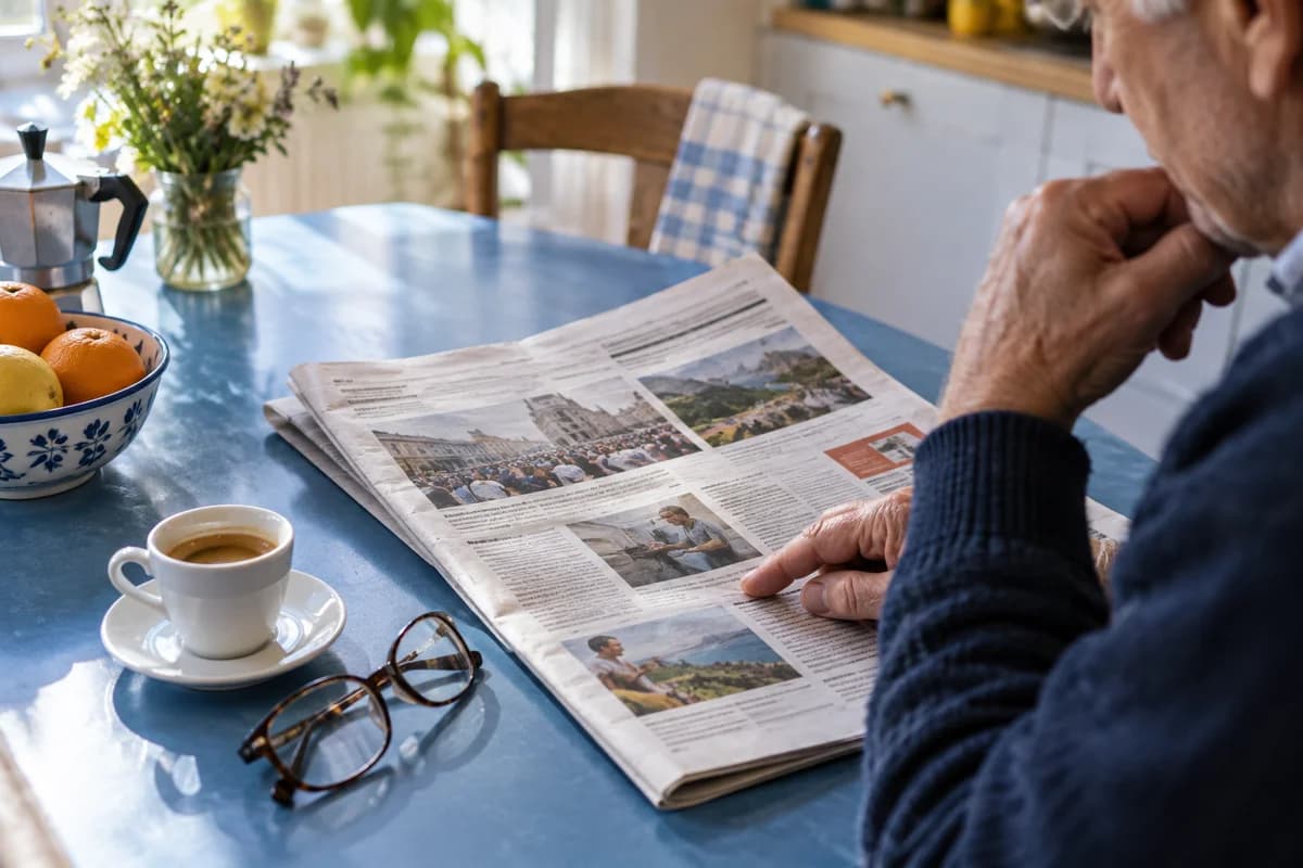 Un senior lit le journal tranquillement à la maison
