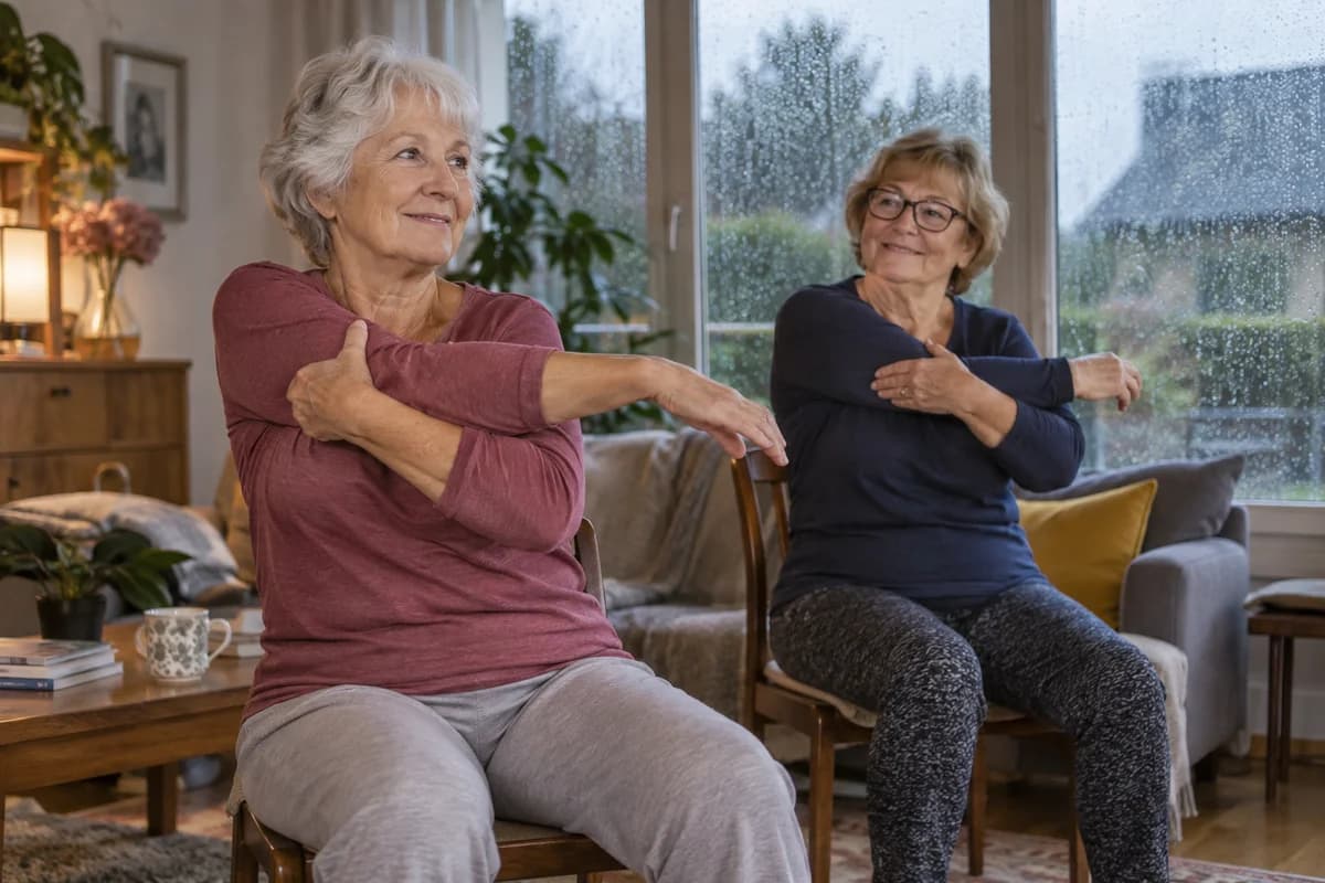 Deux seniors pratiquent des étirements ensemble chez elles