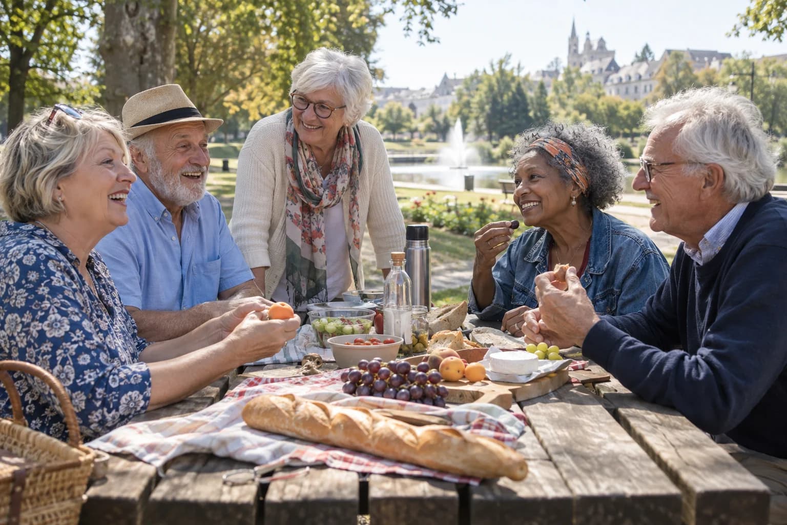 Groupe de seniors partageant un pique-nique en plein air
